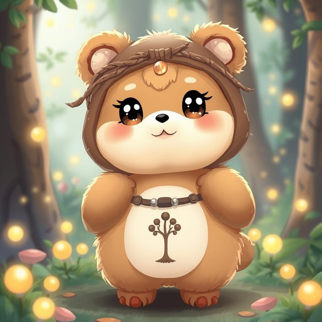 Whimsical Ewok Carebear in a Lush Forest