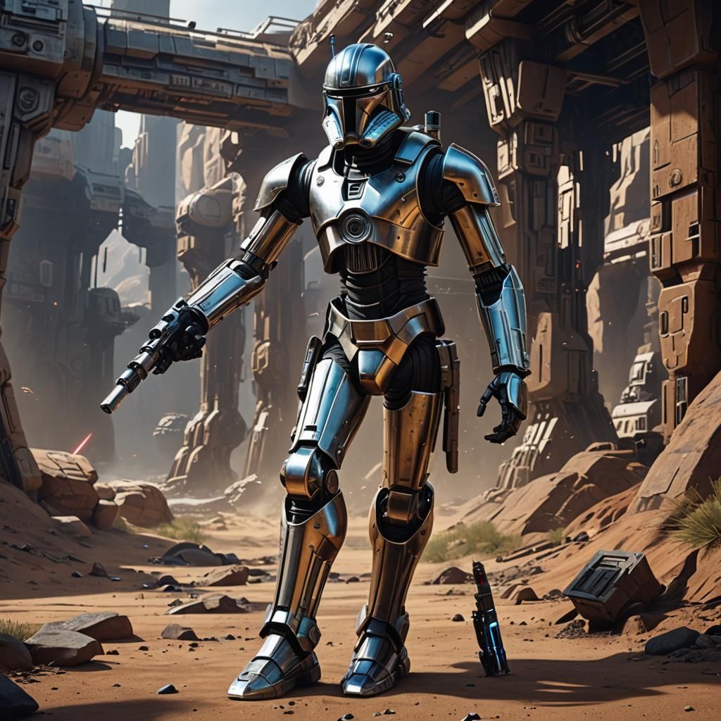 Jedi, Droid, and Lightsaber in Sci-Fi Cinematic Style