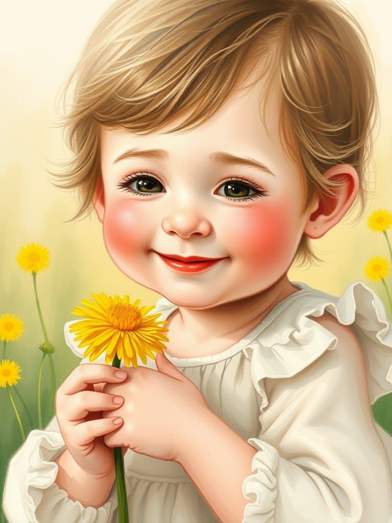 Whimsical Child with Yellow Dandelion Blossom in Dreamy Summ...