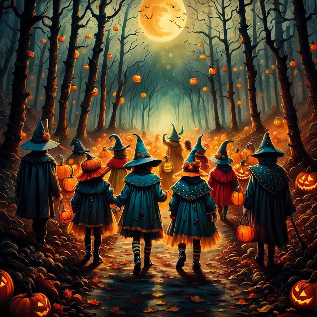 Costumed Children in Autumn Forest, Pop Surrealism