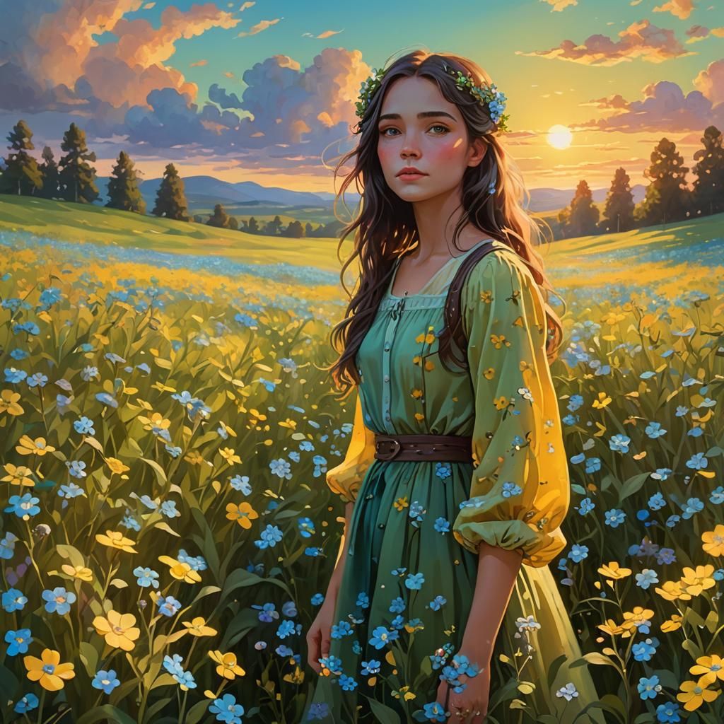 Girl in Flower Field at Sunset: Fantasy Art