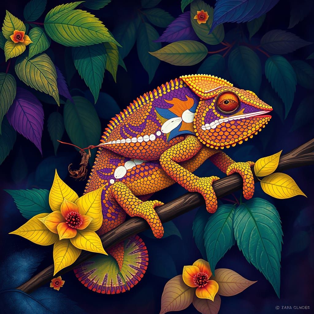 A stunning digital painting of a kaleidoscopic chameleon, skillfully capturing the essence of the Art Deco, Nicoletta Ce...