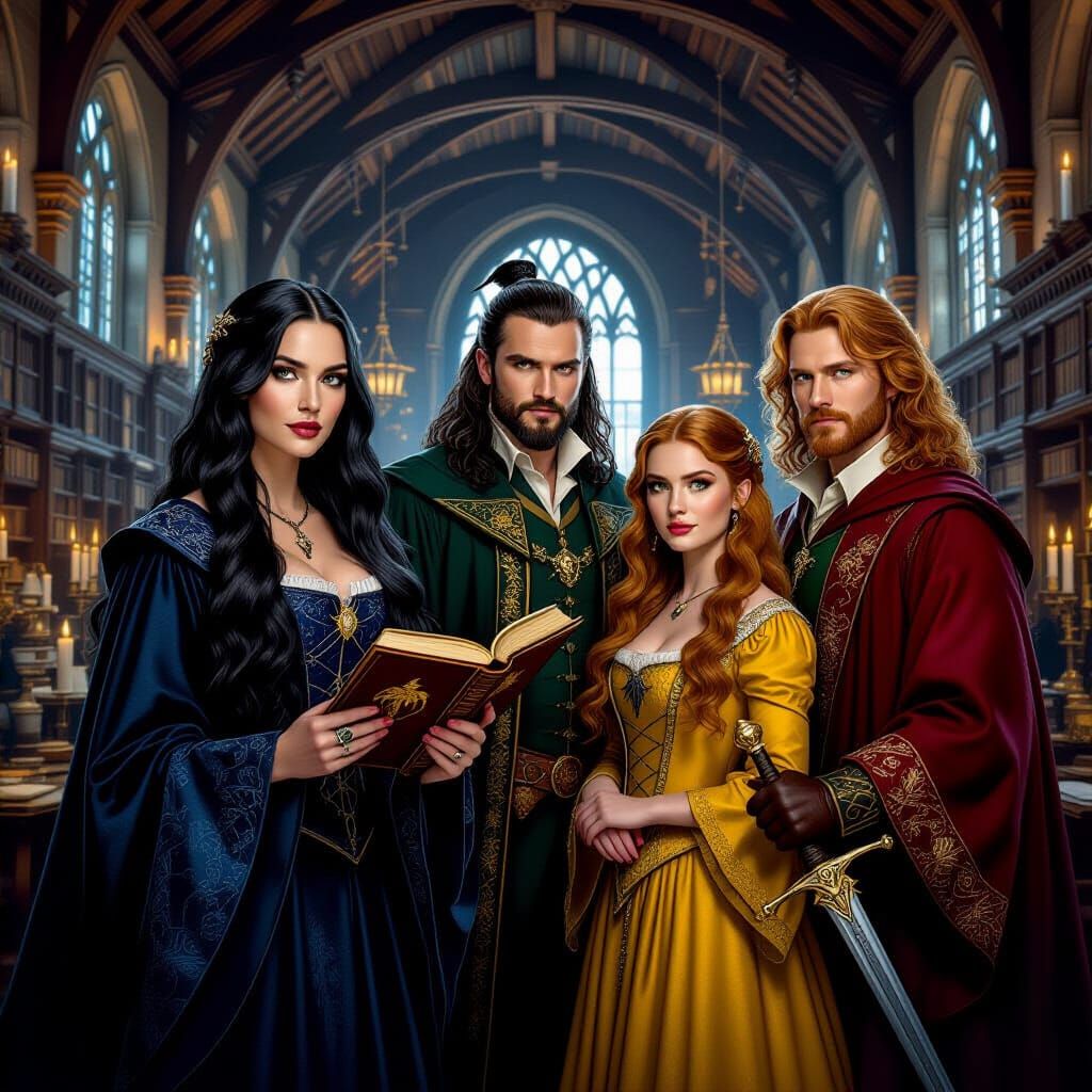 Hogwarts Founders in Great Hall, Mystical Fantasy