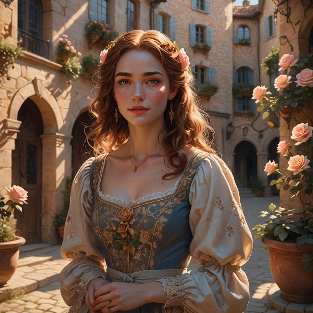 Woman with Rose in Sunlit Courtyard