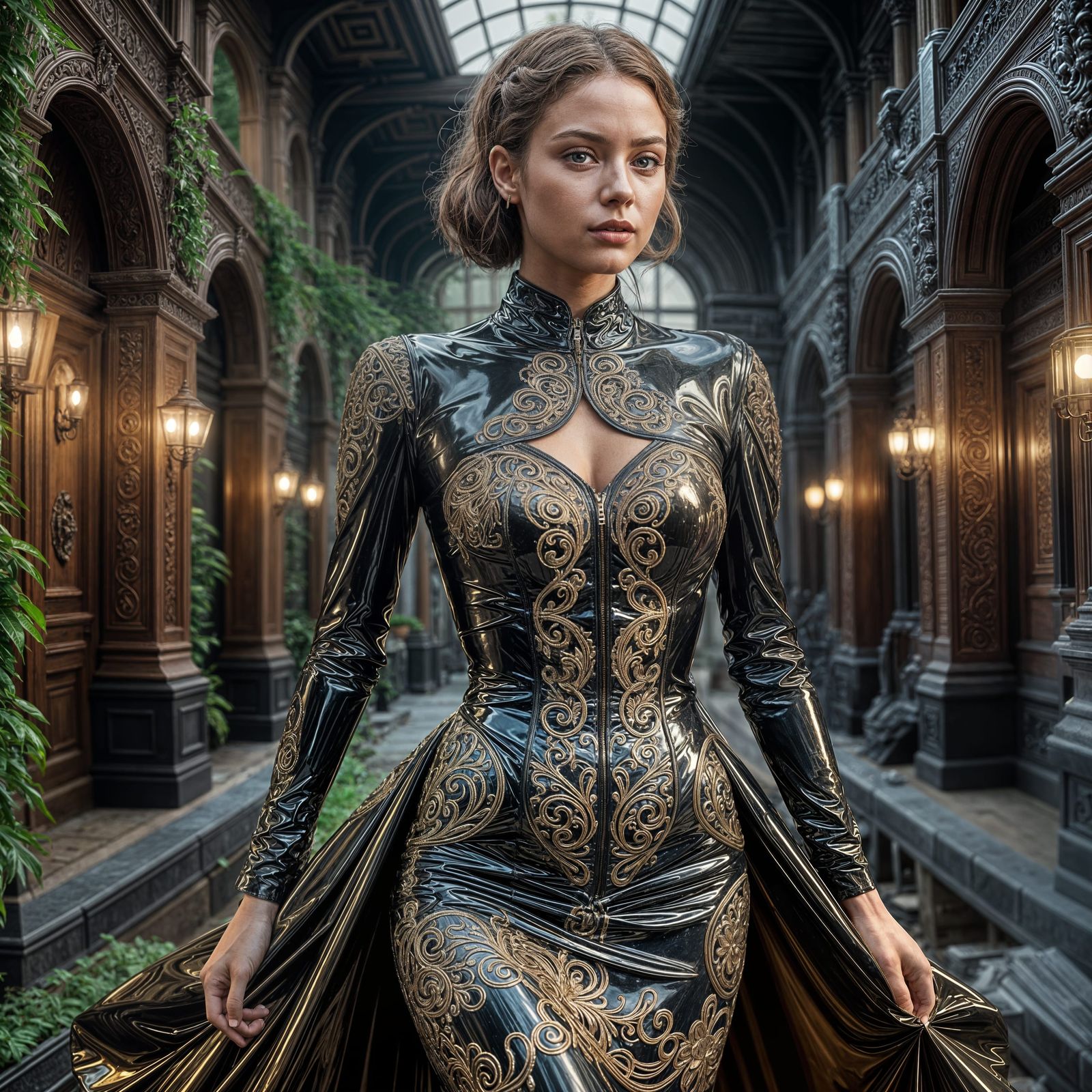 Sultry Woman in Latex Dress Amidst Natural Setting