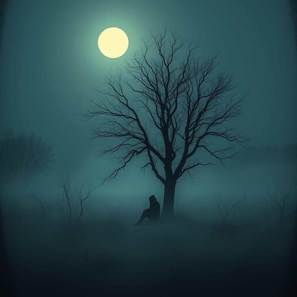 Melancholic Figure in Moonlit Landscape, Ethereal Digital Ar...