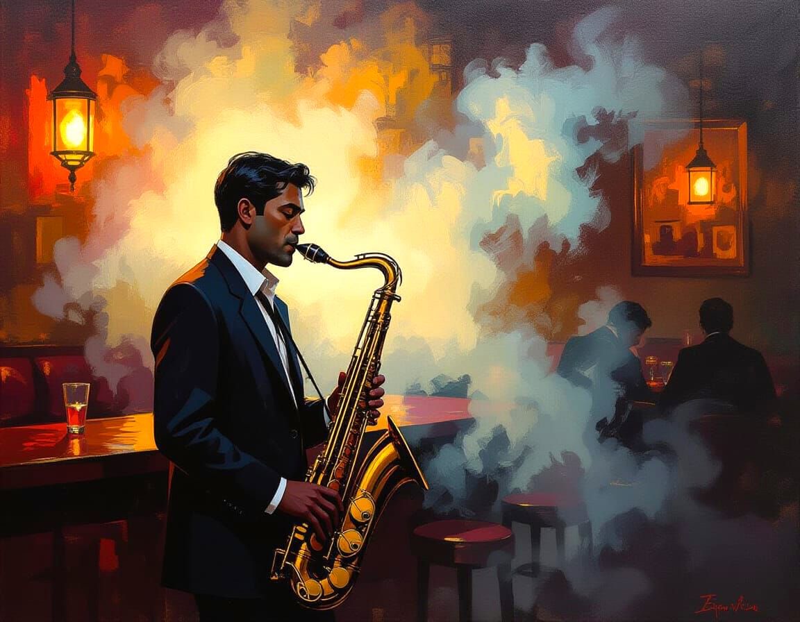 Smoky Speakeasy Jazz Saxophonist in Gouache Style