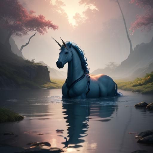 Unicorn Drinking at Sunset: Fantasy Oil Painting