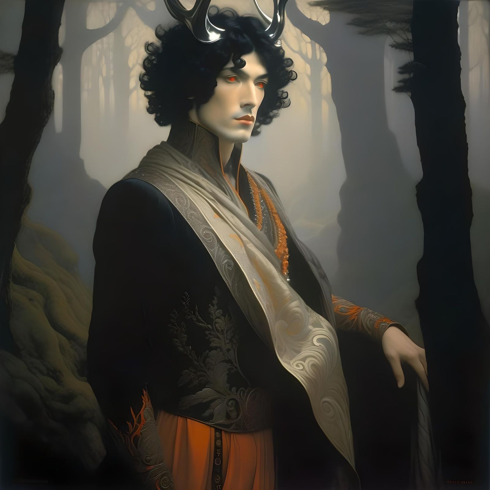 Stag Antlered Man in Forest, Fairytale Illustration