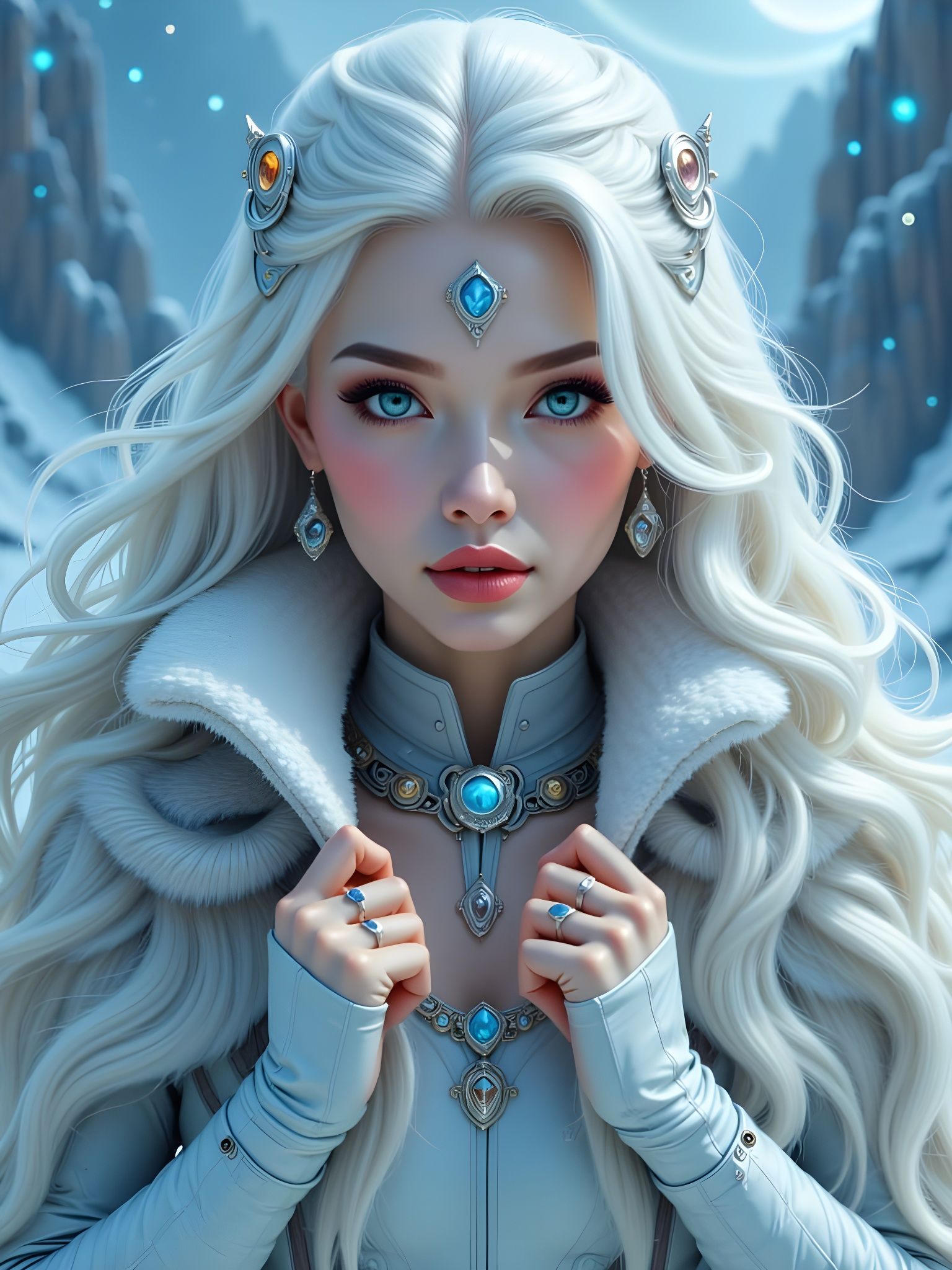 Beautiful Ice Queen in Misty Winter Landscape
