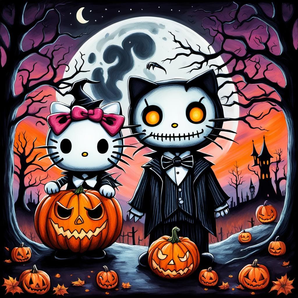 Hello Kitty as Skellington in Crayon Style