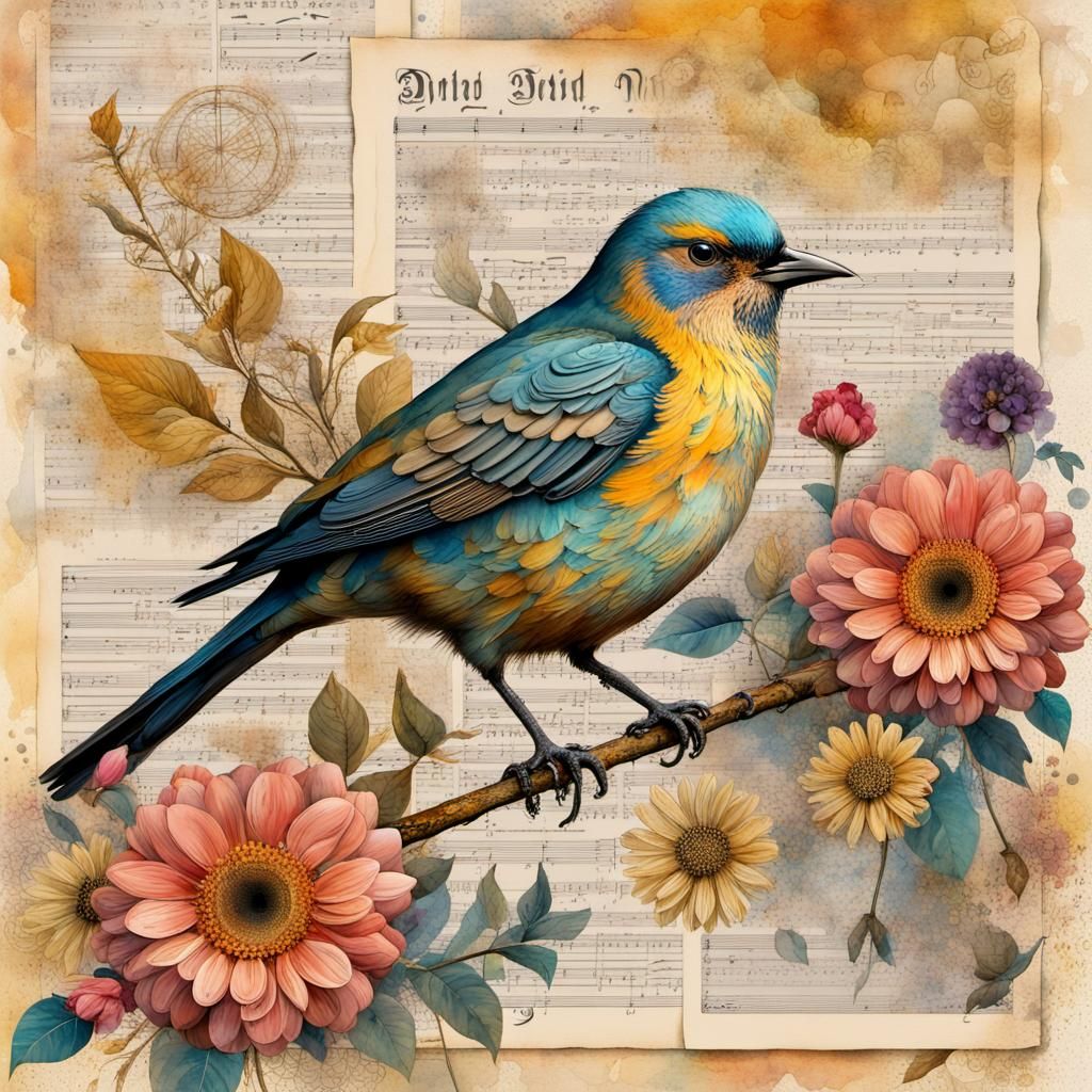 Intricate Bird and Flower Collage in Watercolor