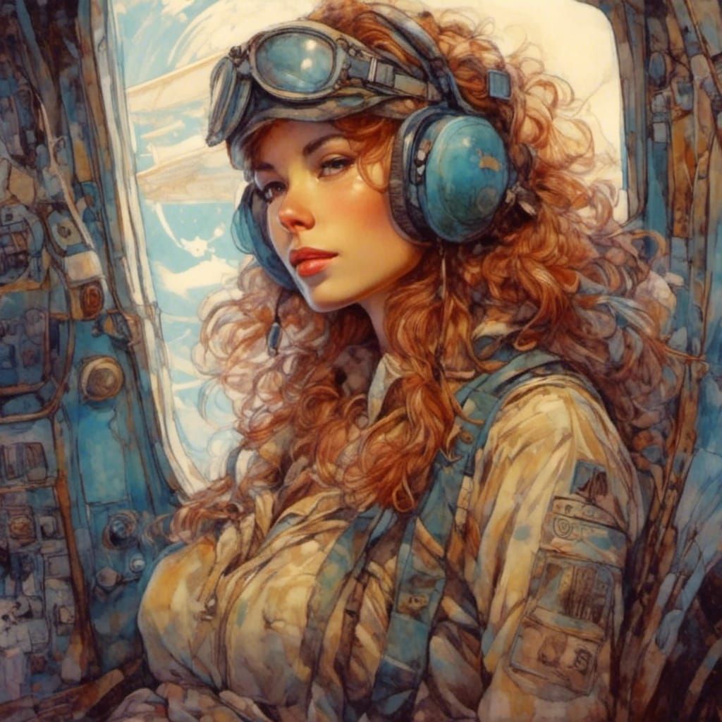 Woman Pilot Portrait in Art Nouveau Style