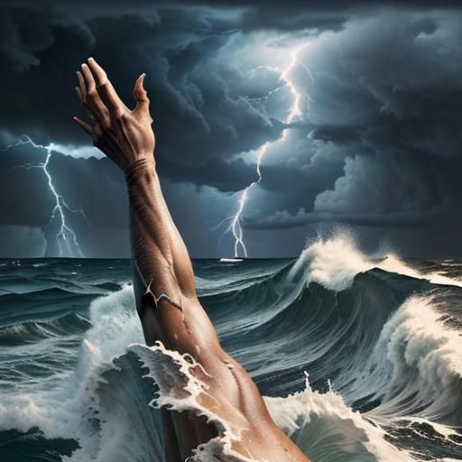 Vintage Photo of Arm Reaching from Stormy Ocean