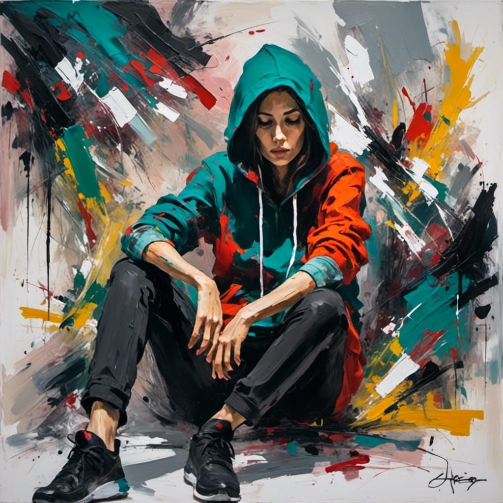 Woman in Hoodie: Lyrical Abstraction Art