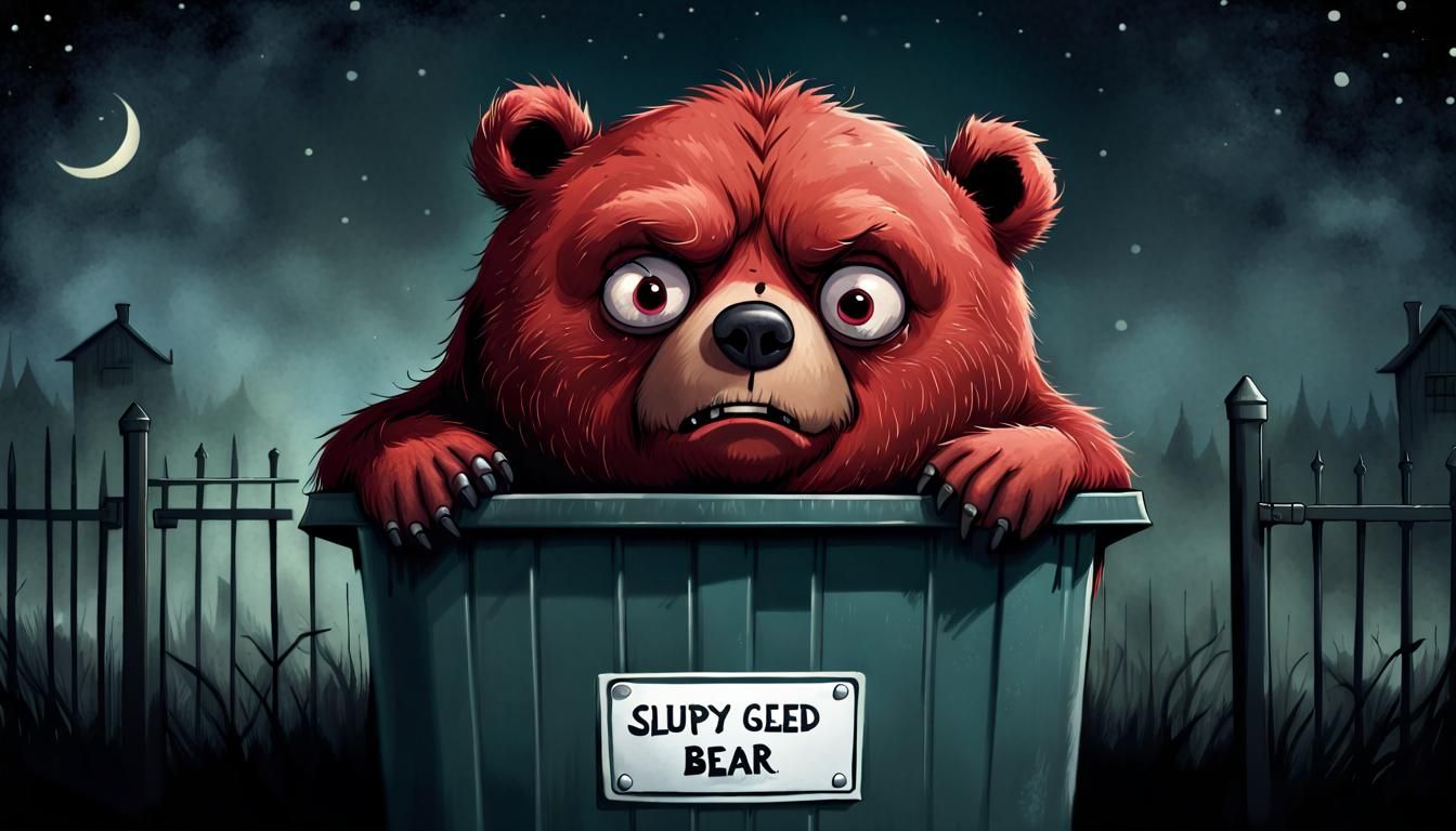 Grumpy Red Bear Narrows Disapproving Eyes in Bin