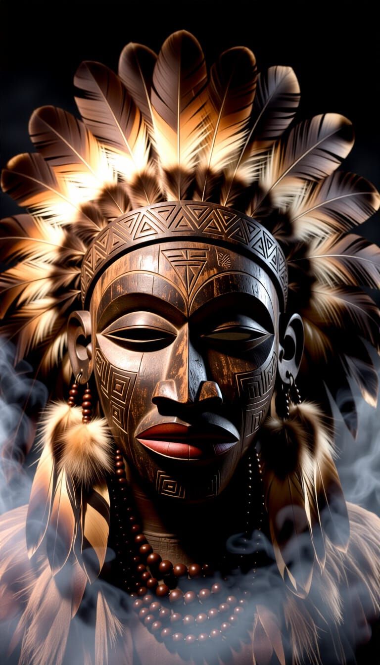 Ancient Wooden Mask with Elaborate Feather Headdress
