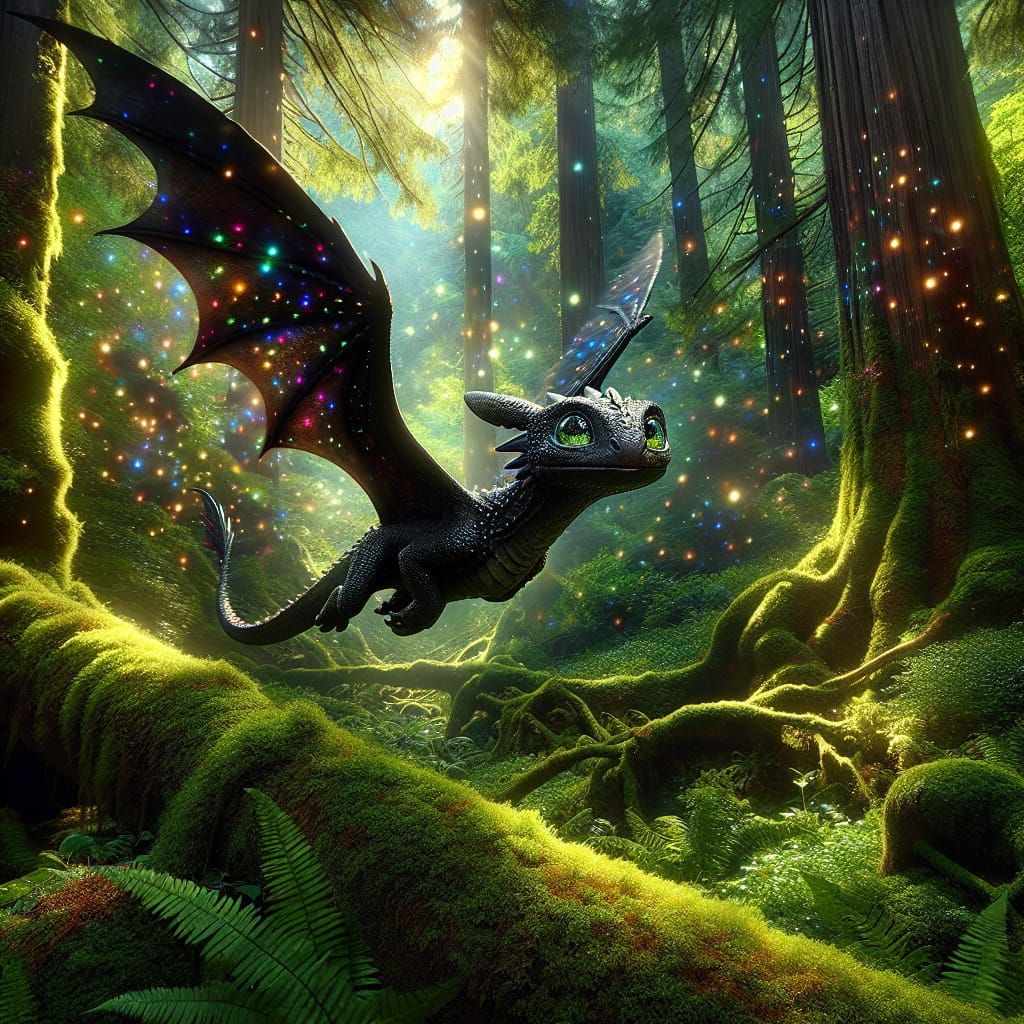 Baby Black Dragon Soaring Through Lush Forest