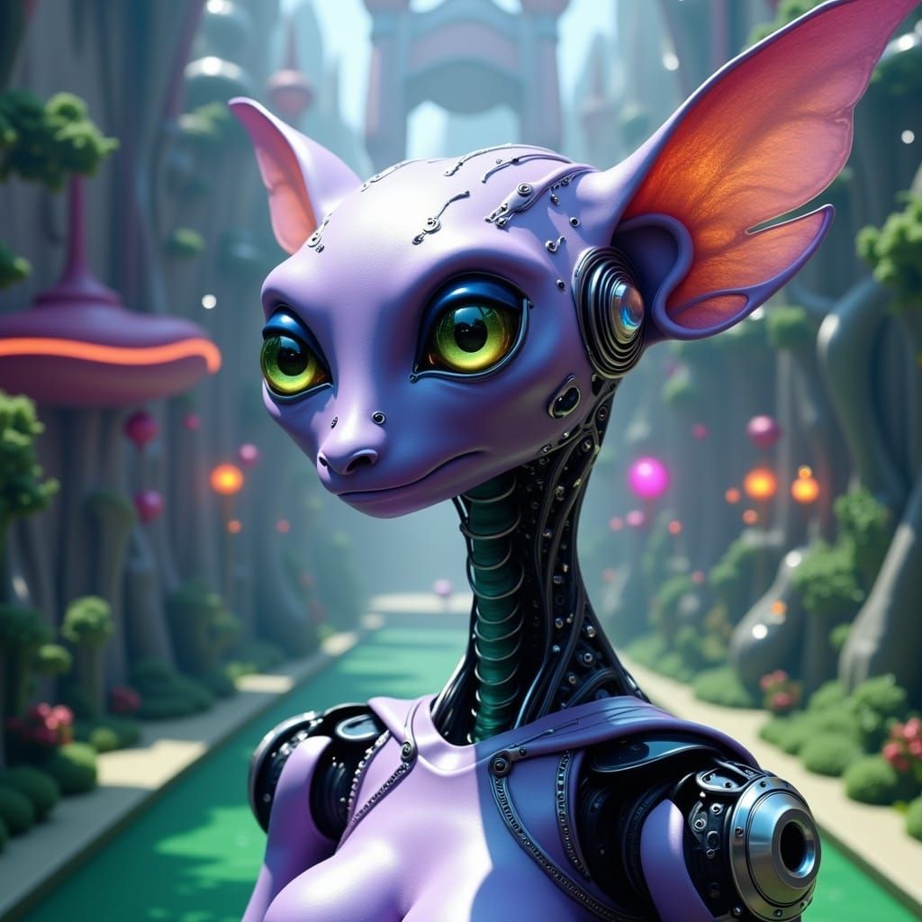 Lavender Robot Walks Sci-Fi Emerald City