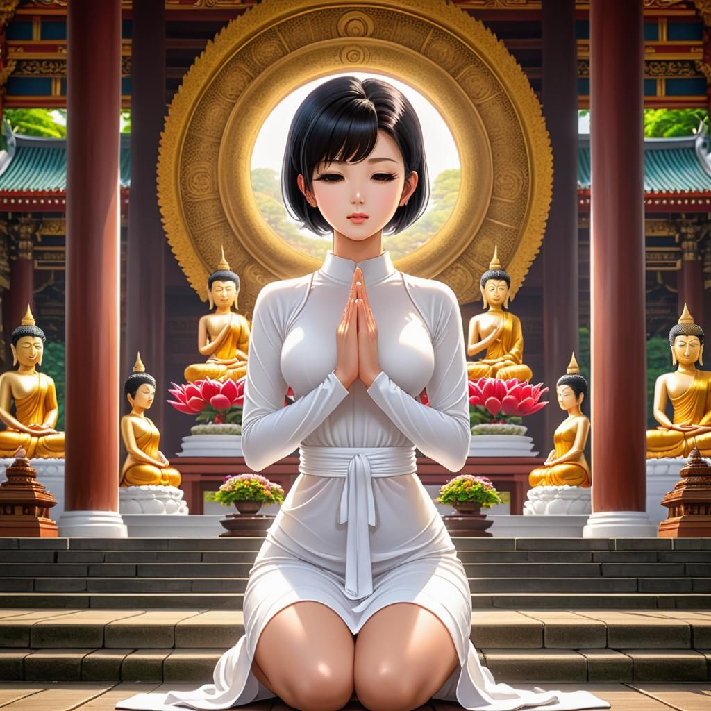 Anime Woman Praying in Thailand Temple