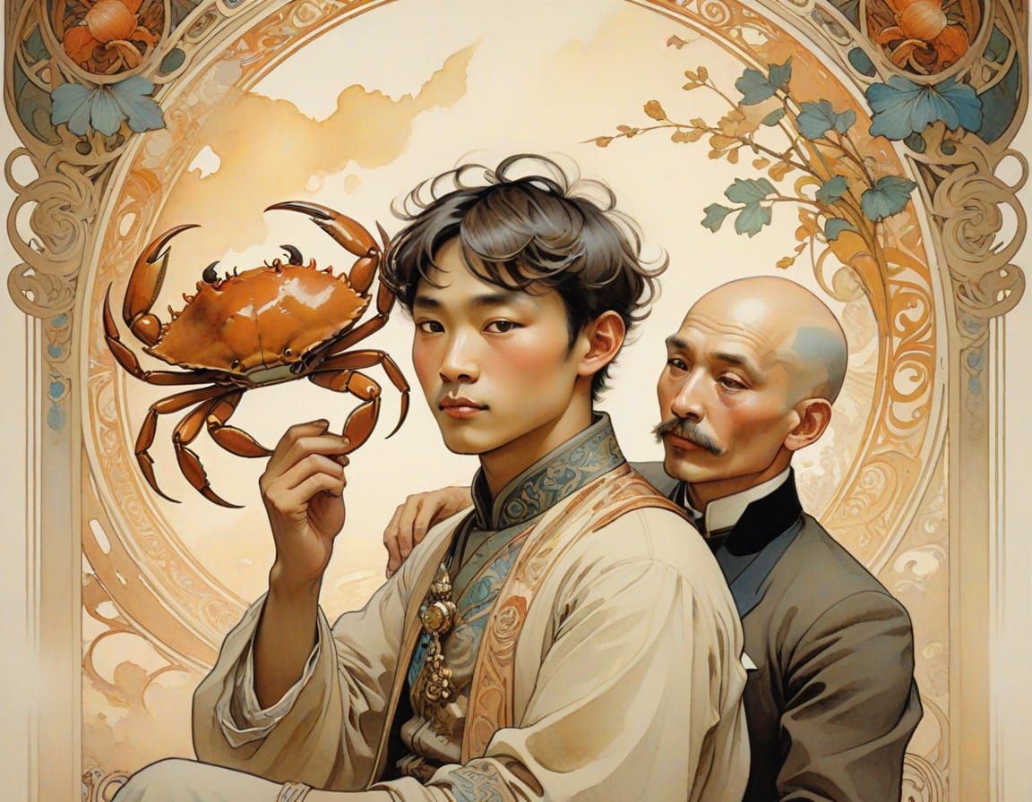 Whimsical Art Nouveau Masterpiece: Young Boy and Bald Gentle...