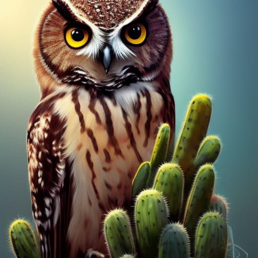 Owl sitting on cactus