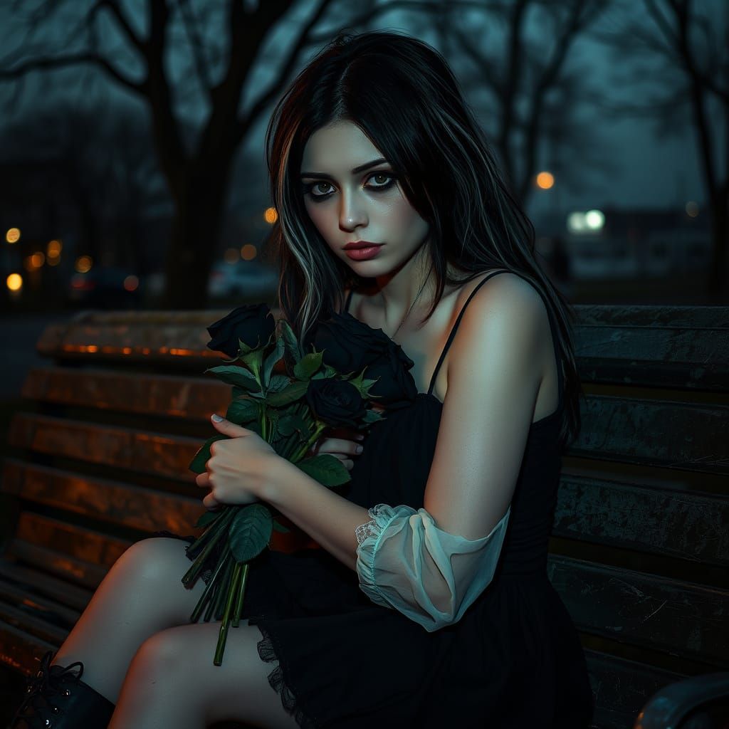 Emo Girl with Black Roses at Twilight