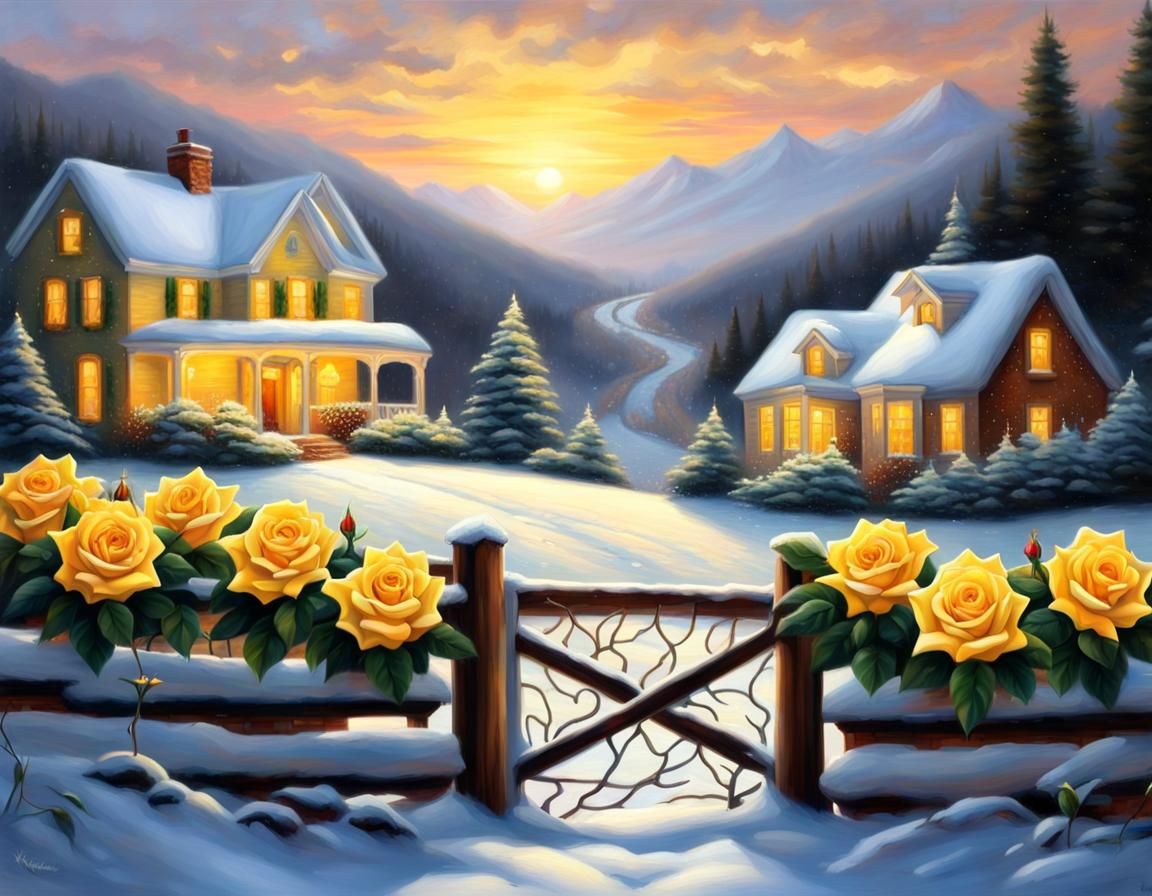 Christmas Wreath with Roses in Kinkade Style