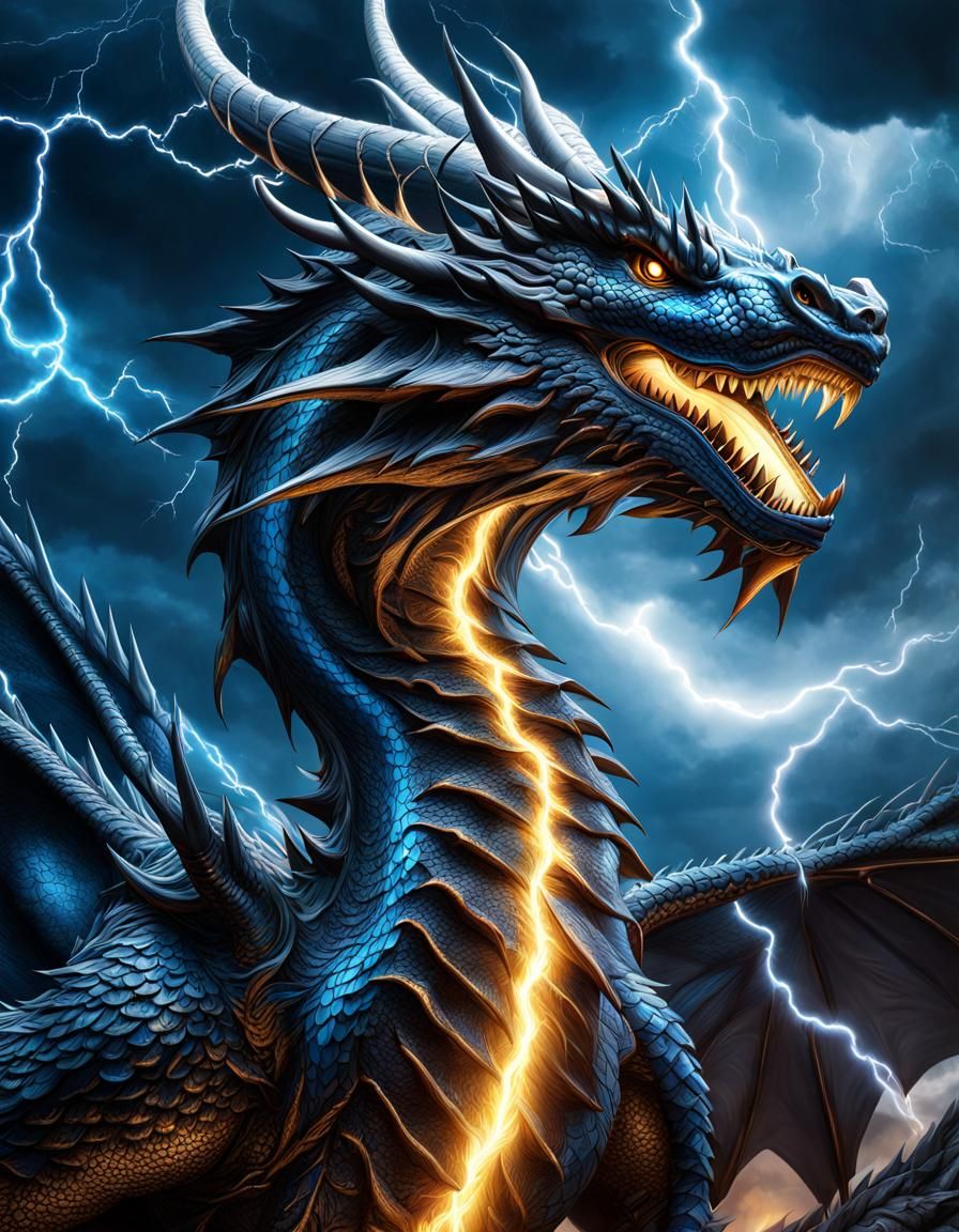 Dramatic Black and Blue Dragon in Lightning Storm