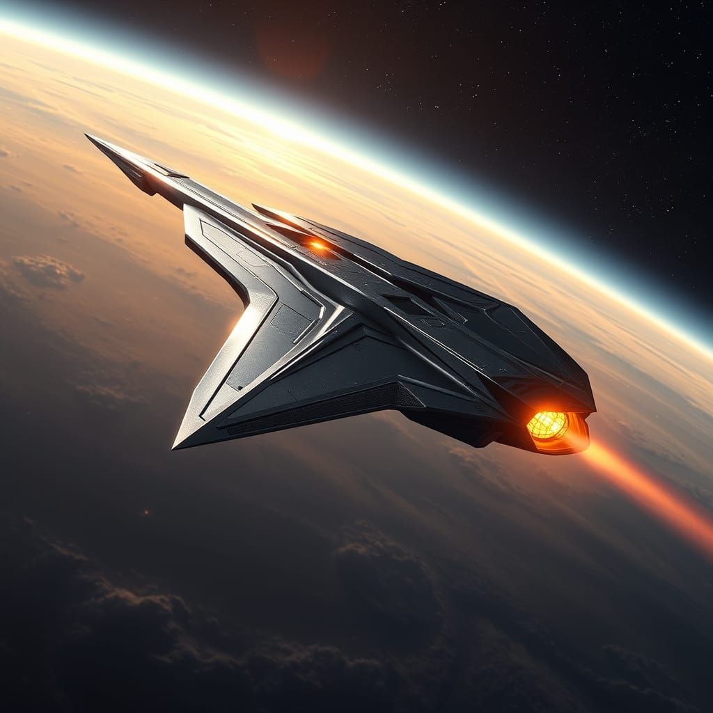 Sword-Shaped Spaceship Soars Over Alien Planet at Sunrise