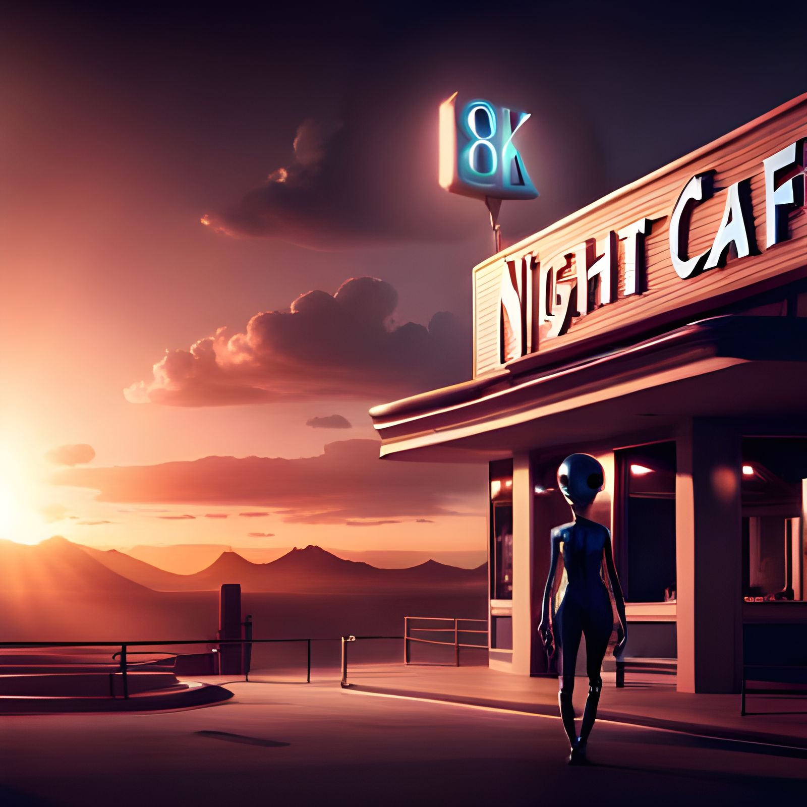 Beautiful Alien Holding NightCafe Sign in 8K