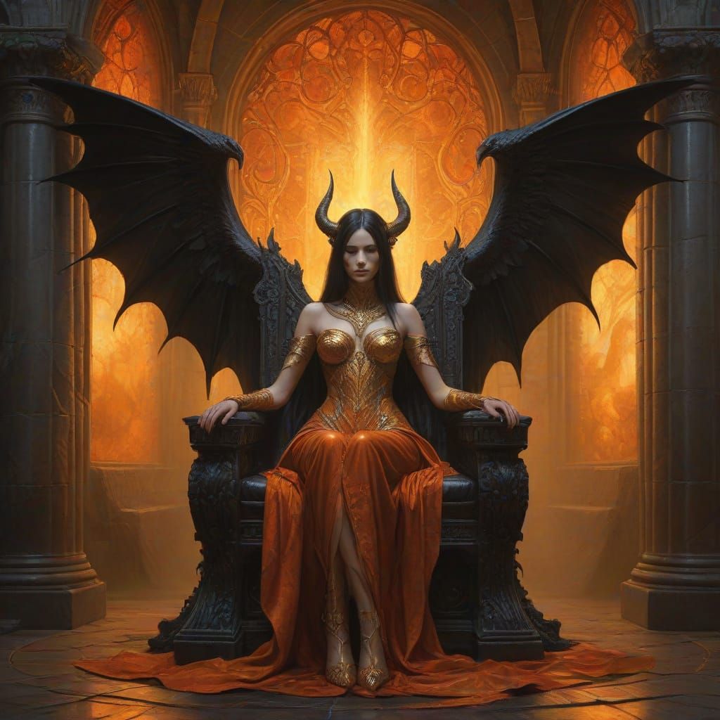 Half Demon Angel on Snake Throne in Fiery Castle Oil Paintin...