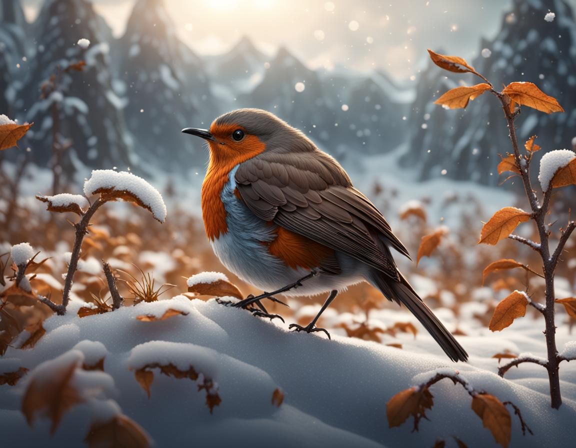 Robin Hears Breakfast in Winter Field