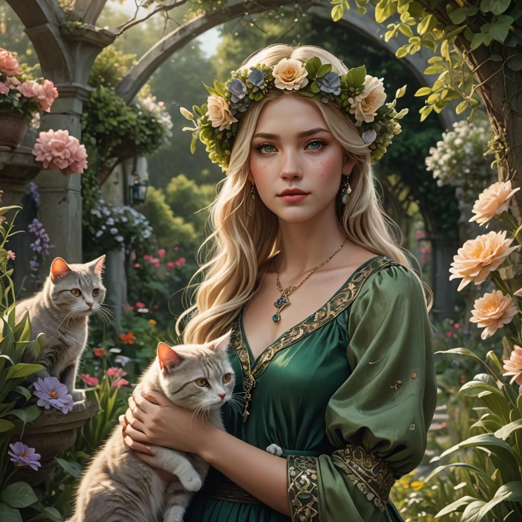 Woman with Cat in Garden, Detailed Matte Painting