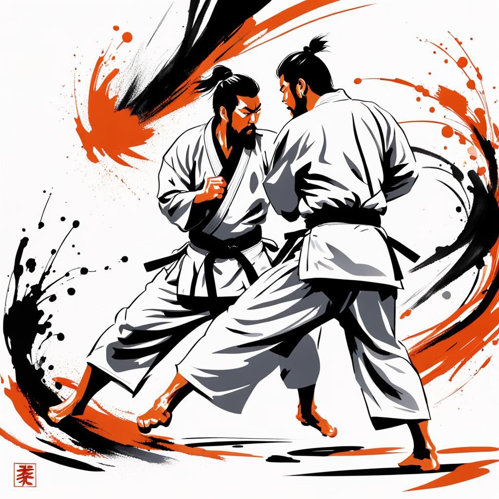 Kyokushin Fighters in Sumi Brush Painting Style