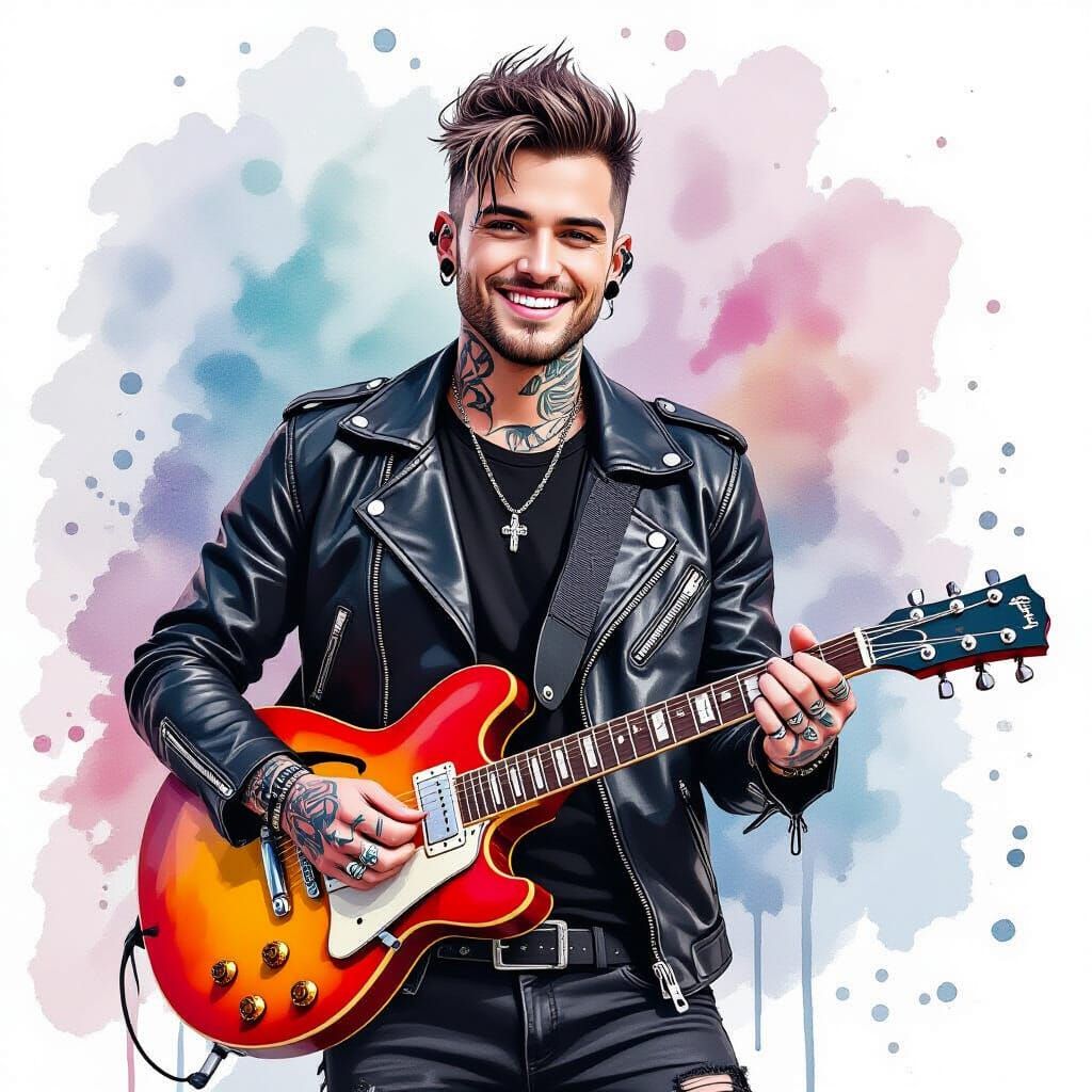 Gothic Guitarist Portrait in Watercolor Alcohol Ink Style