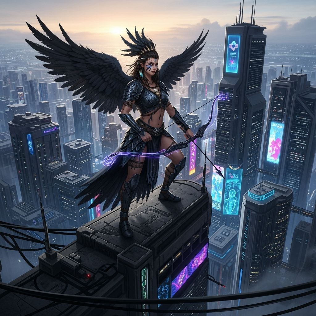 Cyberpunk Falcon Warrior Defends Future City