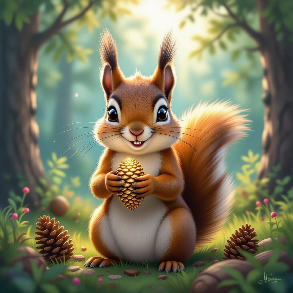 Anthropomorphic Squirrel with Golden Spruce Cone
