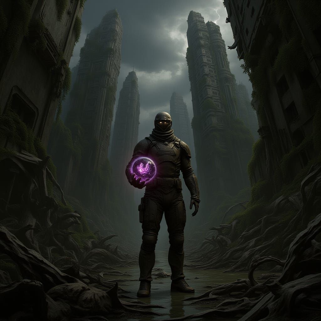 Figure in Hazard Suit Amidst Ruins in Cosmic Horror Style