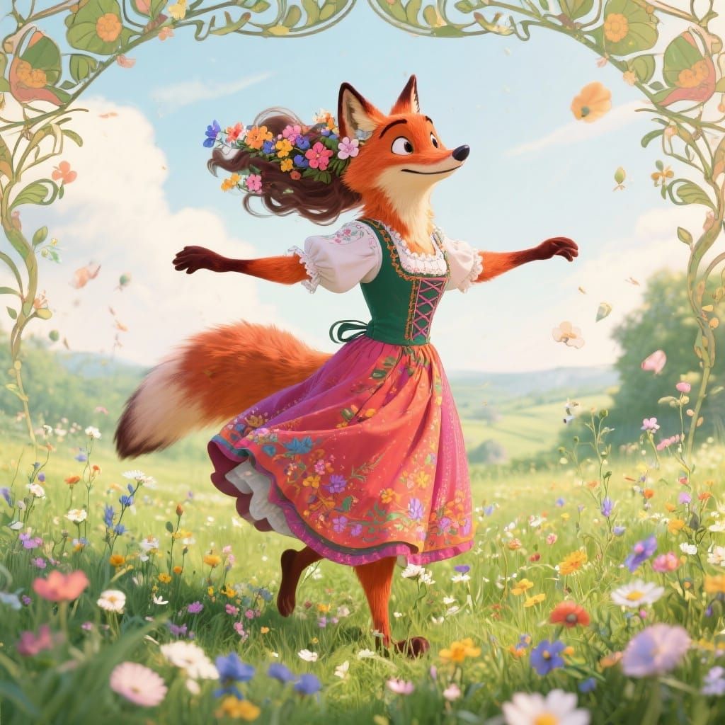 Anthropomorphic Fox in Floral Dirndl