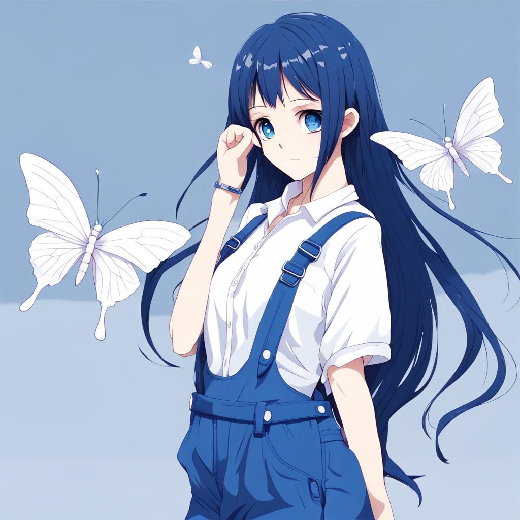 Anime Girl with Butterfly Clips and Blue Hair