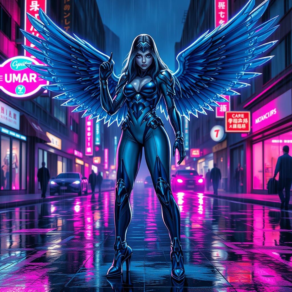 Cyberpunk Warrior Goddess in Neon City