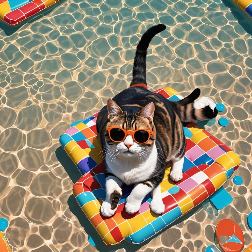 Cool Cat Lounging in Pool: Pop Art Digital Illustration