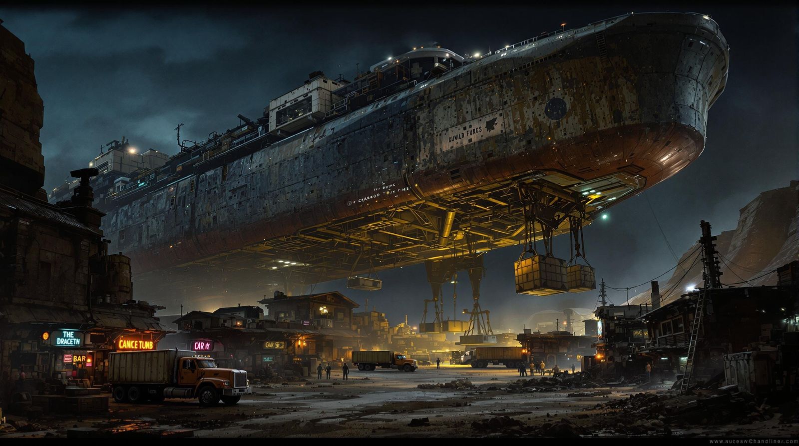 Cargo Ship Replenishes Alien Mining Town at Night