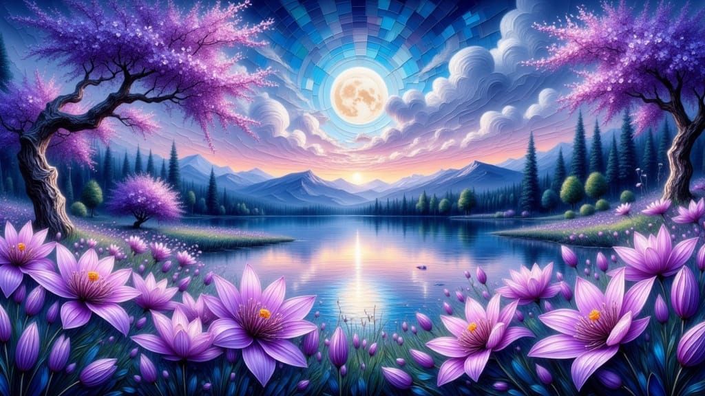 Painterly Landscape with Purple and White Lilies