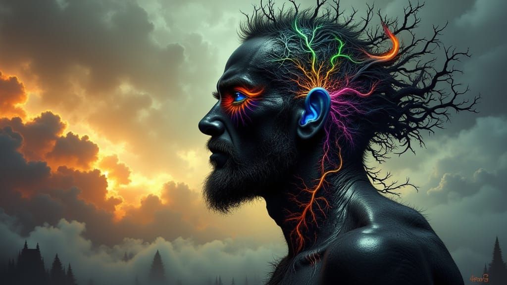 Fractal-Faced Man Portrait in Ethereal Dreamscape Style