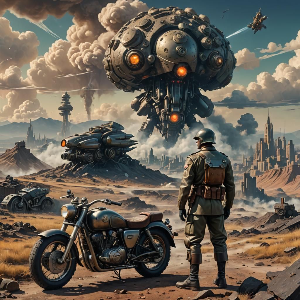 Dieselpunk Soldier Gazing at Atomic City, Digital Art