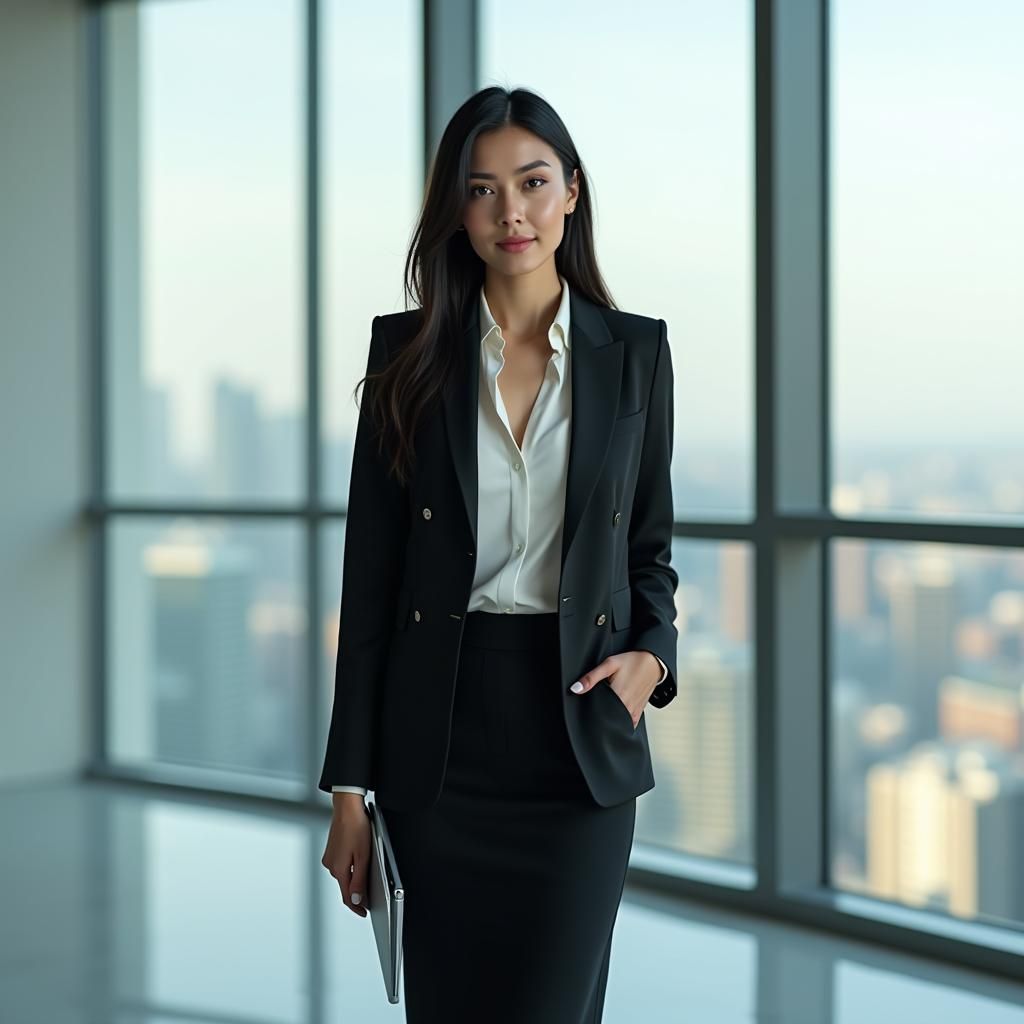 Confident Businesswoman in Modern Office, Photorealistic Sty...