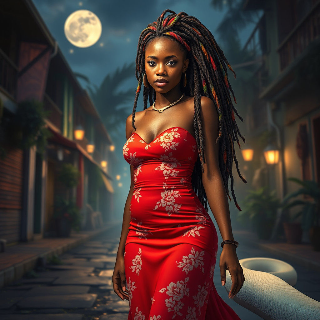Mystical Woman and Python on Moonlit Street