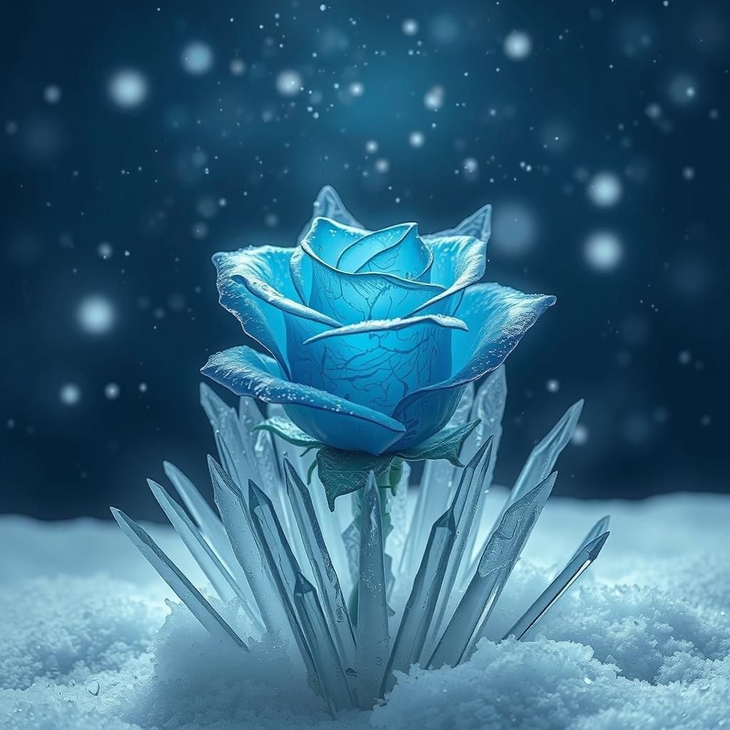 Frozen Blue Rose Encased in Spikes of Ice